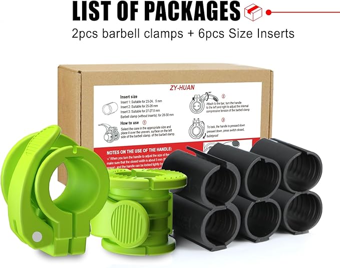 ZY-HUAN Barbell Clips 1 inch Barbell Clamps 0.9-1.18inch Quick Release Weight Clips for Bars Multi-Size Adjustable Olympic Barbell Clamps (Green)