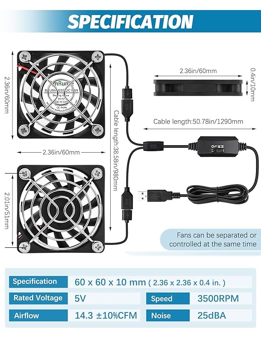 AmRunJe 2 Packs USB Cooling Fan 60mm x 10mm 5V Brushless DC Fans Variable Speed for PC Computer Raspberry Pi Router Terrarium Helmet