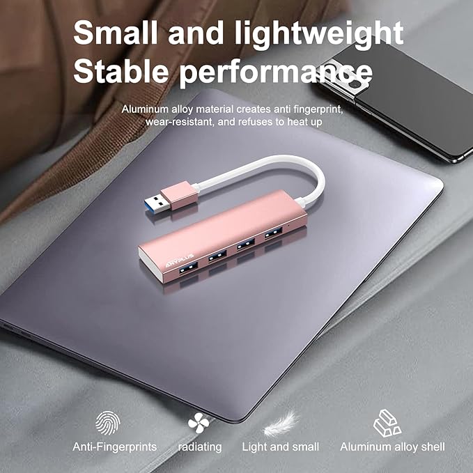 ANYPLUS USB Hub, USB 3.0 Hub Aluminum Alloy Ultra Slim USB Splitter, Portable 4 Port USB Extender, USB Hub for Laptop, PC, MacBook, iMac, Surface Pro, Mac Pro, Flash Drive, XPS 【Pink】