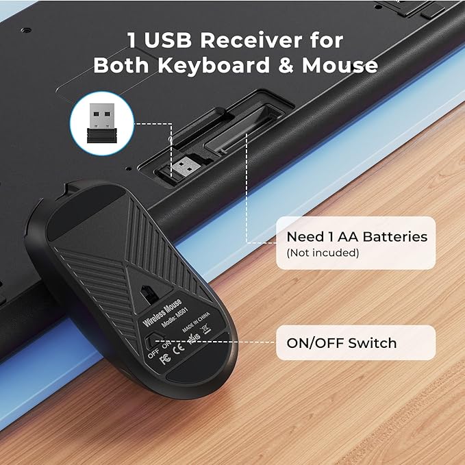 KOPJIPPOM Silent Wireless Keyboard and Mouse Combo - Keyboard with Large Print Cover, 2.4GHz Full-Sized Ergonomic Keyboard with Wrist Rest and Mouse for Laptop, PC, Notebook, Desktop
