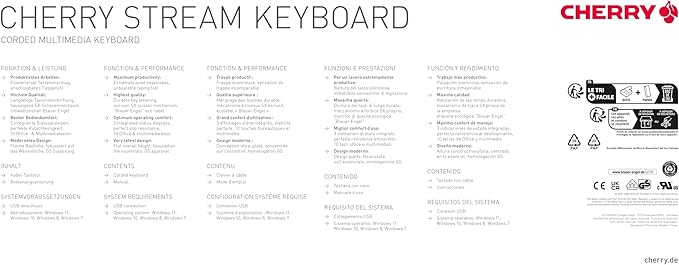 Cherry Stream Keyboard, Wired Keyboard for PC/Laptop, Whisper Quiet Silent Keys, Unique Typing Feel, Slim Design, SX Scissor Switches, USB-A, QWERTY, Black