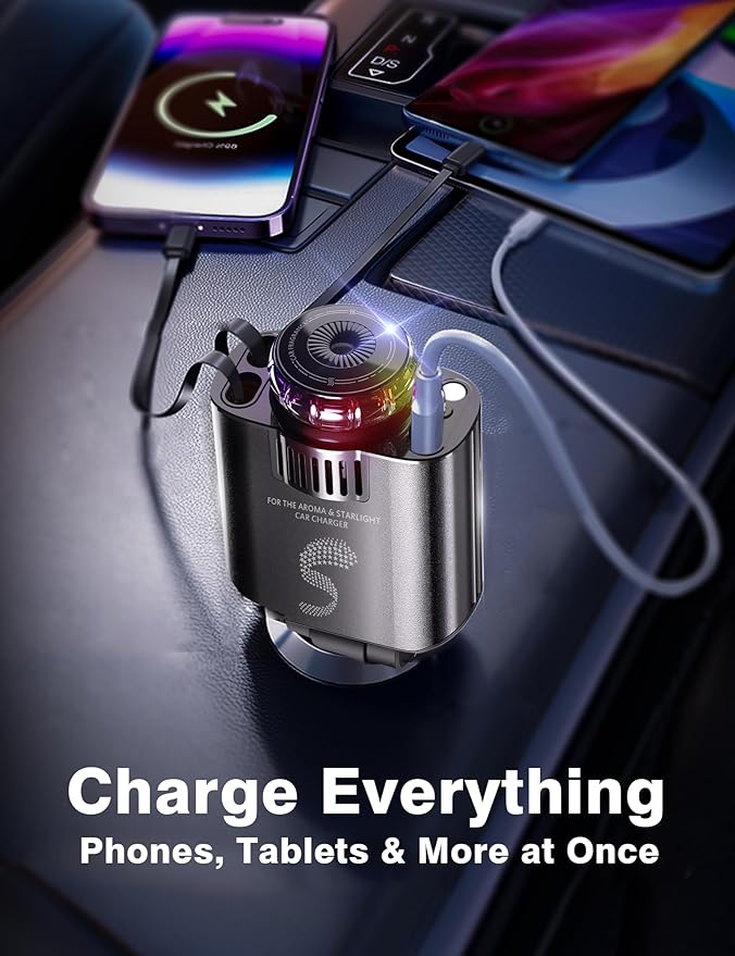 Retractable Car Charger USB C Fast Charging 120W, Car Accessories Cigarette Lighter Adapter with Aromatherapy Starlight, Car Charger iPhone16 15 14 13 12 11 Essentials Gifts for Traveler, Men, Women