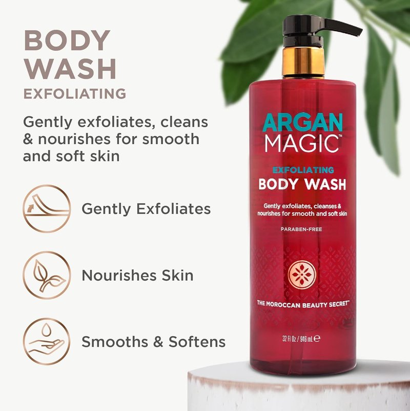 Argan Magic Exfoliating Body Wash - Nourishing Lactic & Glycolic Acid Formula | Gentle, Paraben-Free 32 oz