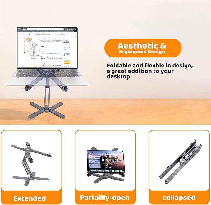 Moallia N86 360 Rotating Laptop Stand, Adjustable Height & Angle, Ergonomic Metal Riser for Desk Collaborative Work, Fully Foldable for Easy Storage, Fits All MacBook & Laptops up to 16 inches, Grey