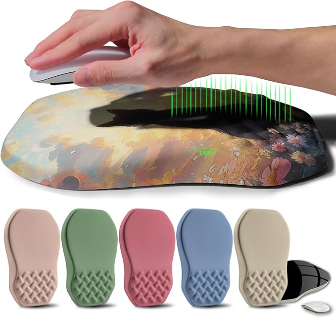 Gleamtide Ergonomic Raised Mouse Pad Wrist Support with Bilateral Slope Memory Foam Mousepad for Wrist Rest and Carpal Tunnel Pain Relief 11.8x7.9〃Flower Sea Cat