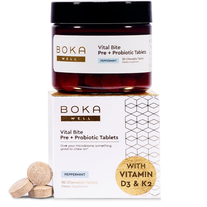 Boka Vital Bite Oral Pre + Probiotics - Sugar-Free Nut-Free Chewable Dental Probiotics for Teeth and Gums with BLIS K12, Vitamin D3 K2 for Men Women, Freshens Breath - Peppermint, 30 ct
