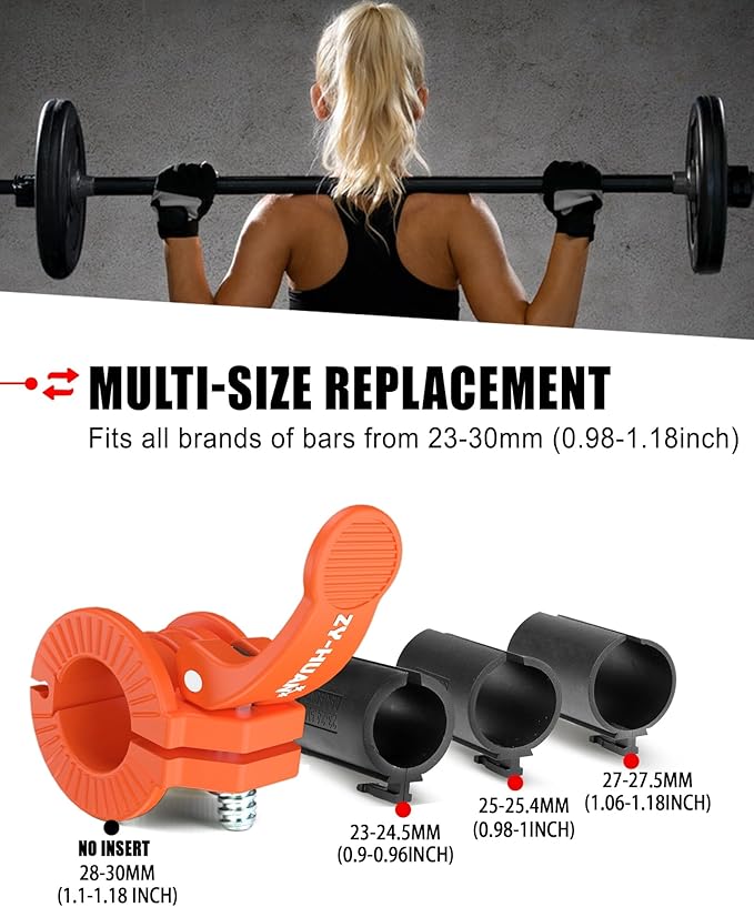 ZY-HUAN Pro Barbell Clips 1 inch Barbell Clamps 0.9-1.18inch Quick Release Weight Clips for Bars Multi-Size Adjustable Olympic Barbell Clamps (Orange)