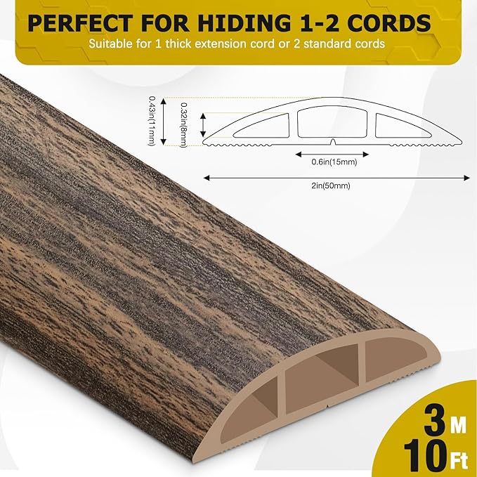JAHOMFAI Floor Cord Cover 10FT Cord Covers for Wires on Floor Protect Wires & Prevent Trip Hazards, Easy to Cut for Home, Office, School, Concerts, Cavity W0.6in x H0.32in