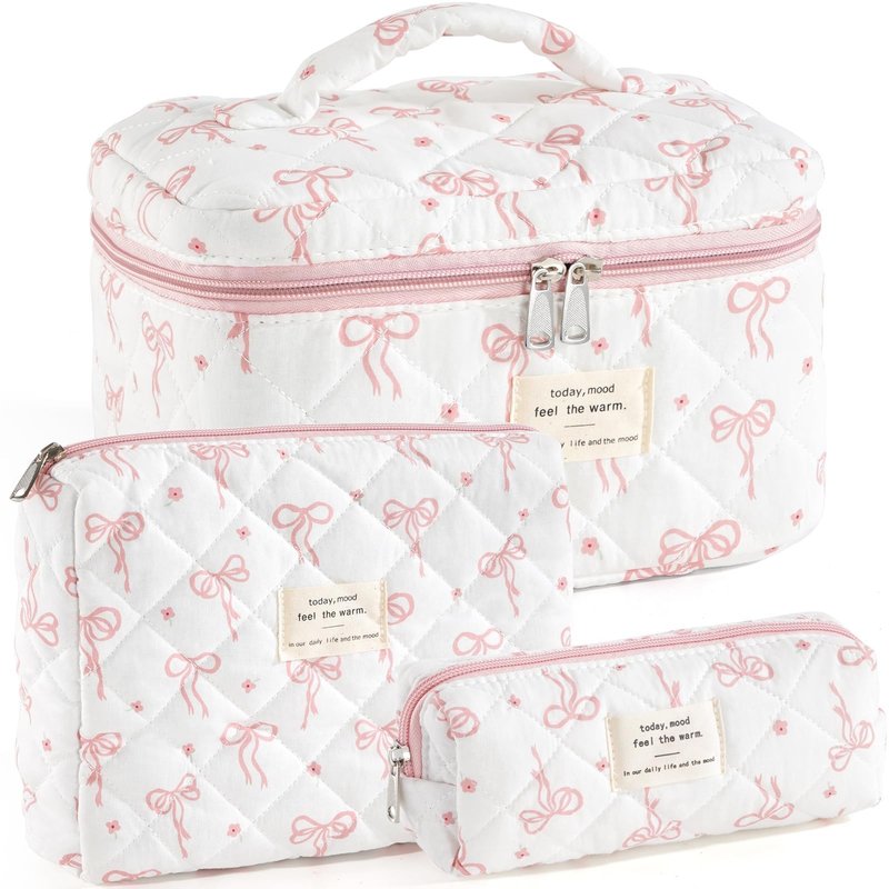 UUYUUY Makeup Bag for Women 3PCS Quilted Cotton Make Up Bag Travel Cosmetic Bag Large Makeup Bag Set Cute Bow Organizer Floral Toiletry Pouch for Purse, Bow B
