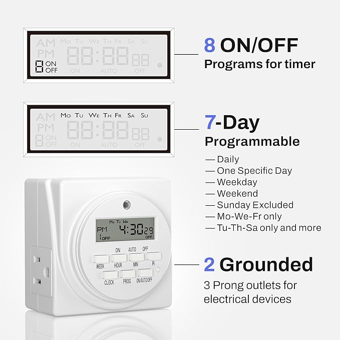 BN-LINK Indoor Digital Timer Outlet, Dual Outlet 7 Day Programmable Light Switch, 3 Prong Plug in Timers for Electrical Outlets, Lamps, Fans, 8 On/Off Programs, 2 Pack, 15A/1875W, ETL Listed