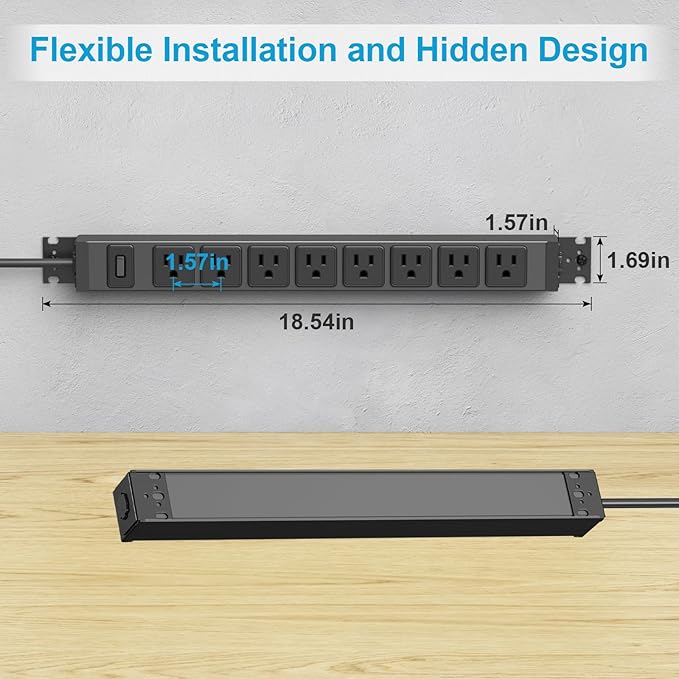HHSOET Metal 360° Rotating Mountable Power Strip, 8 Outlet Surge Protector Power Strip, Heavy Duty Wall Mount Surge Protector with Switch,1200J,15A 125V 1875W, 6ft Power Cord.(Black)