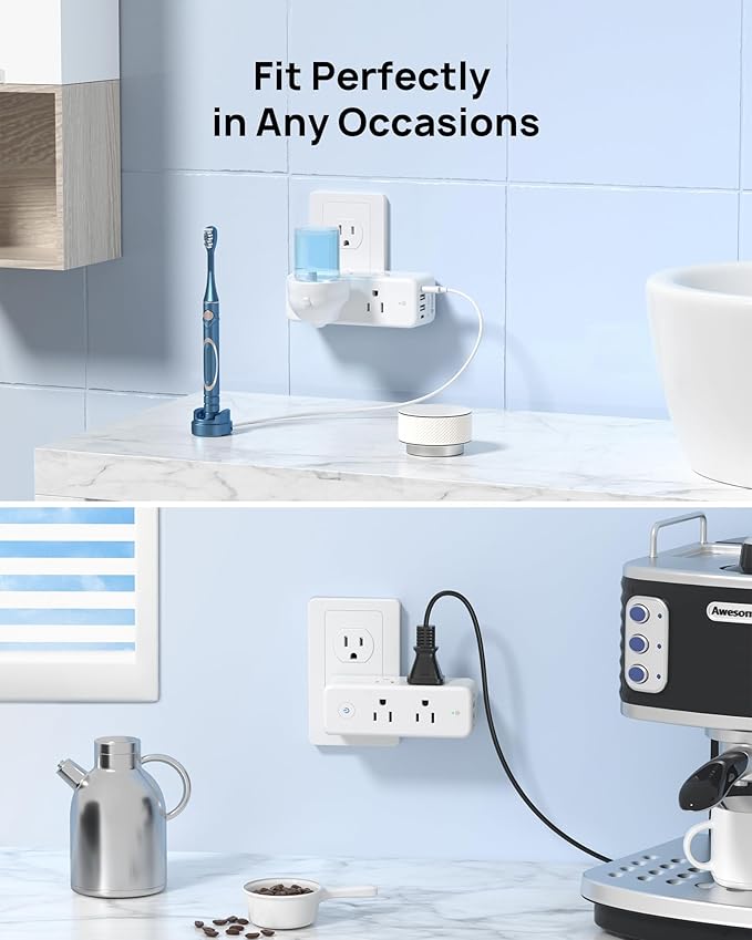 TROND Outlet Extender with 360° Rotating Plug, 6 AC Outlet Splitter with On/Off Switch, Multi Plug Adapter with PD 20W USB C, 2 USB-A & 2 USB-C, 3 Way Wall Extension Outlet for Home Office Travel