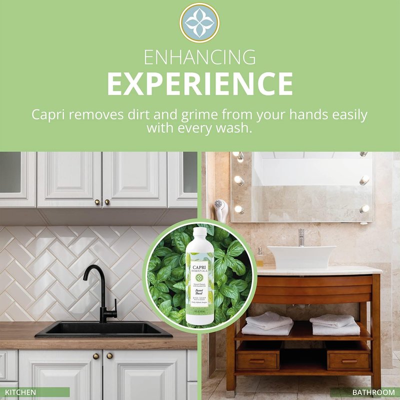 Capri Essentials Hand Soap Liquid, Natural Household Cleaning Supplies, Gentle Plant Based Aromatic Hand Wash with a Blend of Essential Oils, Removes Dirt & Grime, Sweet Basil Scent, 16 FL Oz (3 Pack)