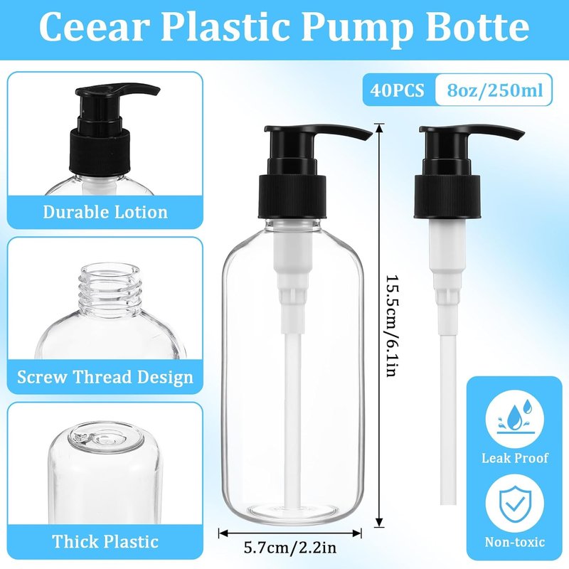 Clear Plastic Pump Bottles - 40 Pcs Refillable 8 oz Lotion Dispenser Set with Black Pumps & Funnels | Ideal for Shampoo, Body Wash, Cream & Liquid Soap
