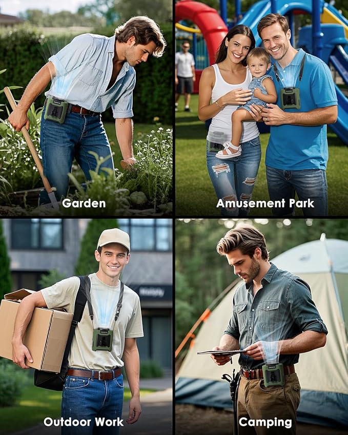 FANSEXPERT Portable Waist Fan Clip on, Personal Wearable Belt Fan 10000mAh Rechargeable Battery Under Shirt,5 Speeds with light, Neck Fan Hands-Free Cooling For Outdoor Camping Travel (Green)