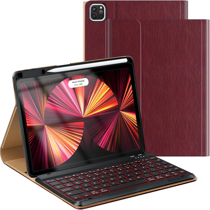 OPAKIT PU Leather Keyboard Case for iPad Air 5th/4th Generation 10.9 Inch & Pro 11 Inch 1st-4th Gen, 7-Color Backlit BT Folio Keyboard with Pencil Holder, Compatible with iPad Air 11 Inch M2 (Wine)