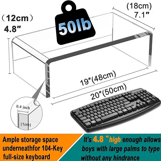 VTZEOTQ Clear Acrylic Monitor Stand Riser 20", Laptop Keyboard Cover cat Proof, Keyboard Protector Anti-Cat Prevent Cats from Touching Keyboard, Clear Monitor Riser for Keyboard Storage