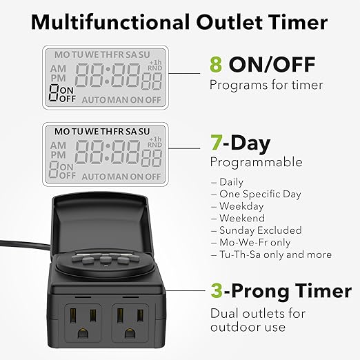 BN-LINK 7 Day Outdoor Heavy Duty Digital Programmable Timer, Outdoor Timer Outlet Waterproof, 2 Grounded Electrical Outlets for Christmas Lights, 15A 1/2HP,ETL Listed（2 Pack）
