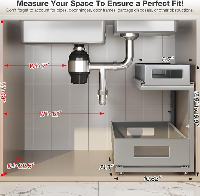 2 Pack 21.3IN-Depth Under Sink Organizer with Next-Gen Ball-Bearing Slides,2-Tier Pull Out Cabinet Storage,Height Adjustable Drawer Shelf for Bathroom,Kitchen,Laundry,Cabinet,Pantry-Gun Gray