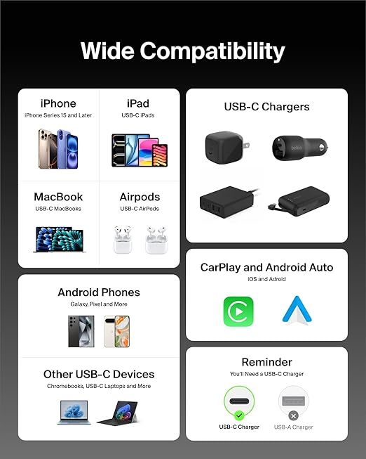 Belkin USB C to USB C Cable, 9.9ft, 60W - Type C Charger, iPhone Charger Cord, Soft, Braided, Flexible for iPhone 17, Galaxy S25, Pixel 10, Airpods, iPad Pro, Tablet & More, Travel Essentials - Black