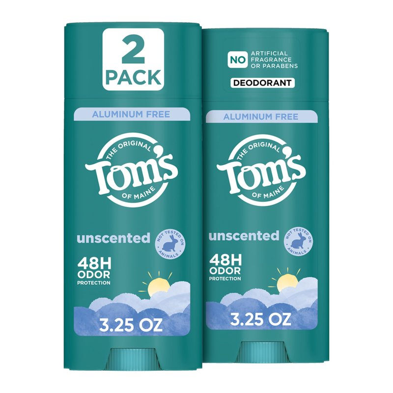 Tom’s of Maine Unscented Natural Deodorant, Aluminum Free, Clear Application, Odor & Wetness Protection, Naturally Derived Ingredients, 3.25 oz (2 Pack)