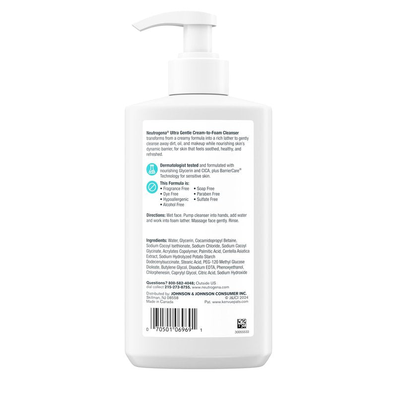 Neutrogena Ultra Gentle Cream to Foaming Face Wash for Sensitive Skin, Fragrance-Free Gentle Facial Cleanser, Hypoallergenic Skin Care, Non-Comedogenic Makeup Remover, 12 fl oz