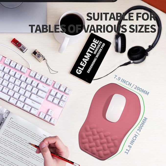 Gleamtide Ergonomic Raised Mouse Pad Wrist Support with Bilateral Slope Memory Foam Mousepad for Wrist Rest and Carpal Tunnel Pain Relief 11.8x7.9〃 Melon Pink
