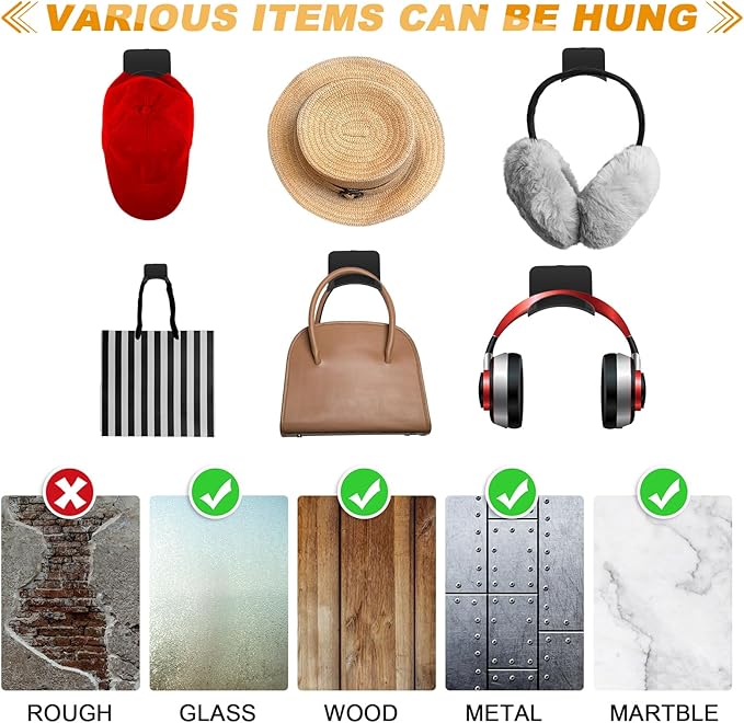 Wonderjune 60 Pcs Headphone Wall Hangers Adhesive Gaming Headset Holder Hooks for Wall Mount Strong Universal Stand Hooks for Most Headphone Controller, Hat, Baseball Caps, Door, Closet (Black)