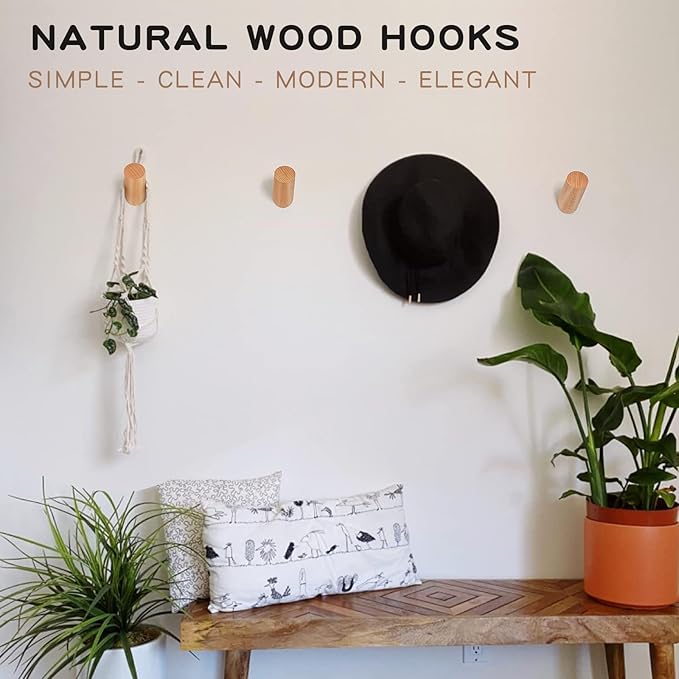 Felidio Wooden Wall Hooks, 2 Pack Coat Hooks Wall Mounted - Natural Wood Hook Coat Rack, Heavy Duty Hooks for Hanging Towels Entryway Coats Hat Rack for Wall (Beech Wood)