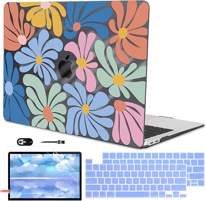 LCMOCICO for MacBook Pro 13 inch Case 2022 2021-2016 Release A2338 M2/M1 A2251 A2289 A2159 A1989 A1706 Touch Bar, Pattern Plastic Hard Shell & Keyboard Cover & Screen Film, Colorful Flowers Black