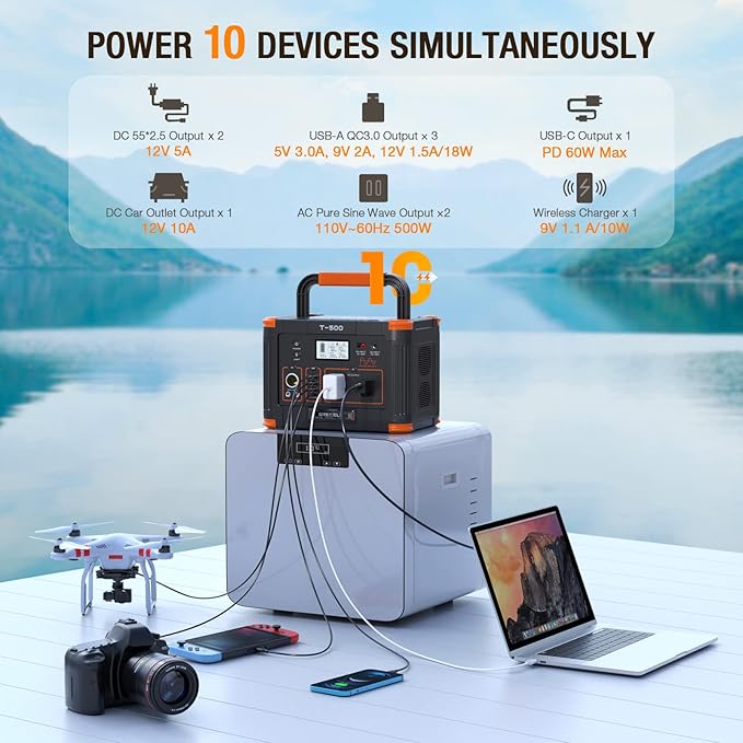 500W Portable Power Station, Solar Generator 519.48Wh (Peak 1000W) Lithium Battery Power Generator with 2 * 120V AC Outlets, Mobile Battery Backup Pack for RV Trip Camping, Outdoor Adventure, Home