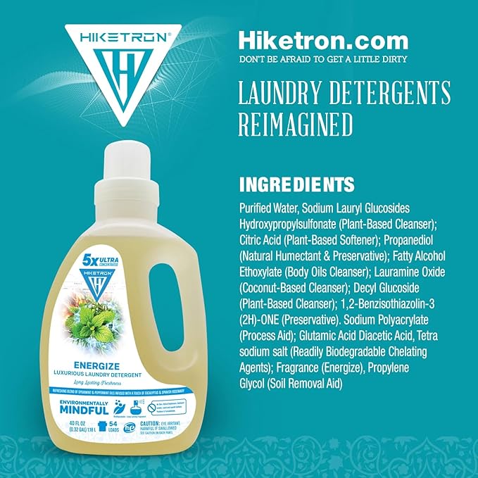 Hiketron Energize Liquid Laundry Detergent, 5x Ultra Concentrated, Tough Stains, Long Lasting Scent (40 Fl Oz, Pack of 1)