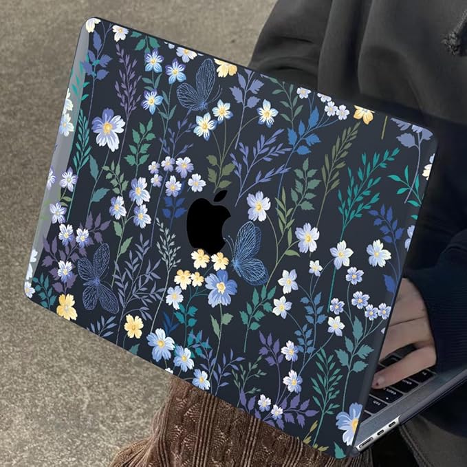 LCMOCICO for M1 MacBook Air 13 Inch Case 2021 2020 2019 2018 Release M1 A2337 A2179 A1932 Cover with Retina Display & Touch ID, Printed Pattern Plastic Hard Shell Case, Meadow Wildflower Black