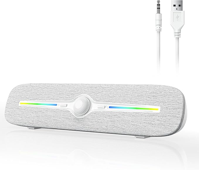 SOULION Computer Speakers for Desktop, USB Powered Bluetooth PC Speaker with Led Light, 3.5mm Aux Soundbar with Rotary Volume Control Button for Laptop Monitor White