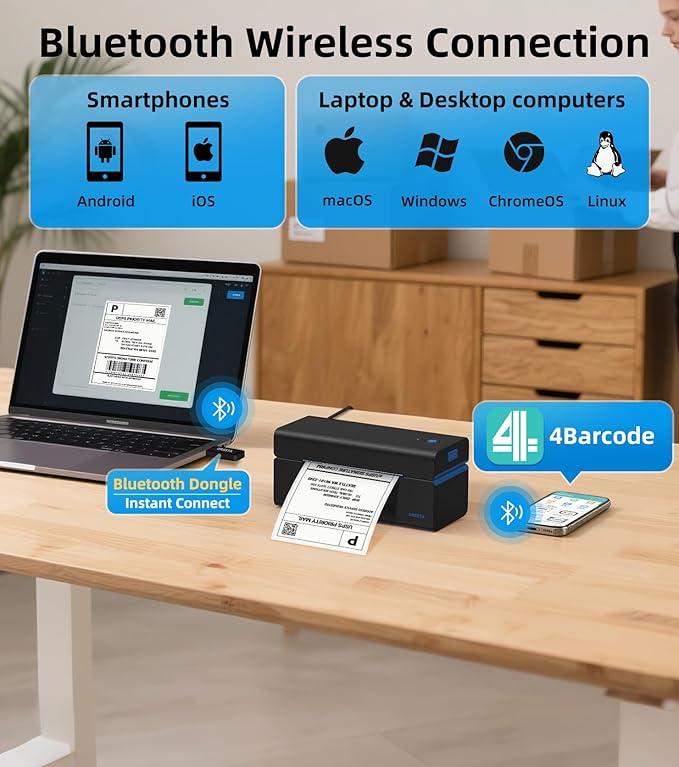 ORGSTA Bluetooth Thermal Shipping Label Printer: Wireless Computer Connection with Bluetooth Dongle, 4x6 Label Maker for Small Business, Compatible with iPhone, Android, Windows, Mac, Linux & Shopify