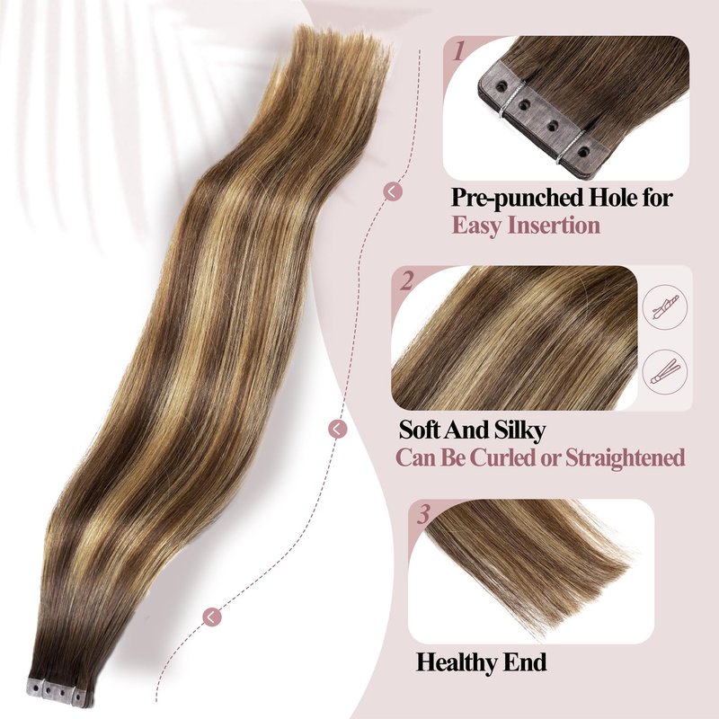 WIGER Micro Bead Hair Extensions Ombre Brown Mixed Blonde Insert Skin Weft Extensions 16 In Balayage Remy Human Hair Straight No Glue Brazilian Highlighted Hair Extensions (40g, 20 Pcs)