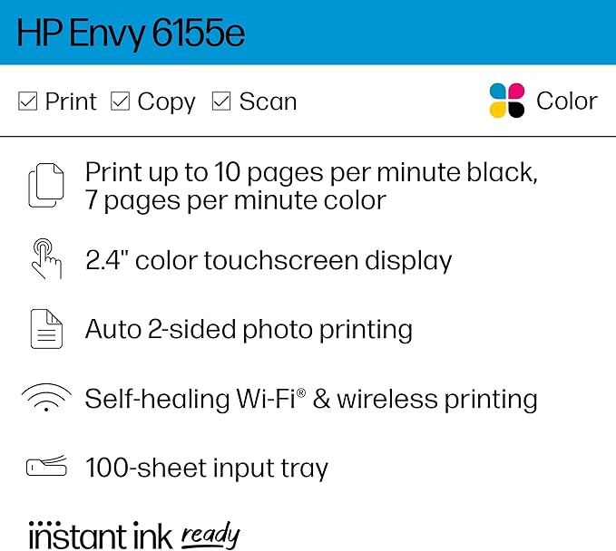HP Envy 6155e Wireless All-in-One Color Inkjet Printer, Portobello, Print, scan, copy, Duplex printing Best-for-home, 3 month Instant Ink trial included, AI-enabled (714L5A)