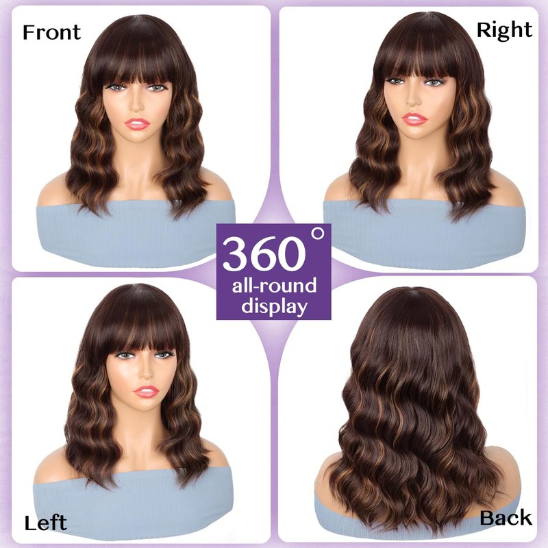 ENTRANCED STYLES Short Curly Wavy Wigs with Bangs Brown Highlight Wigs for Women Shoulder Length 14inch Bob Wigs Synthetic Heat Resistant Hair for Daily Party Use