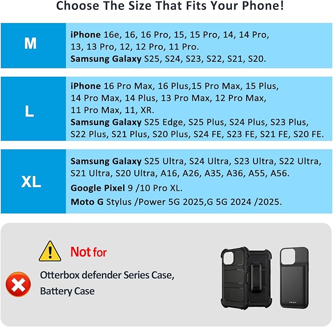 ACCKUO Phone Holster for Belt with Metal Clip and Magnetic Closure Compatible with iPhone 17 Air, 16/15/14/13/12 Pro Max, Galaxy S26/S25/S24/S23/S22 Plus & FE for Everyday Protection, L-Black