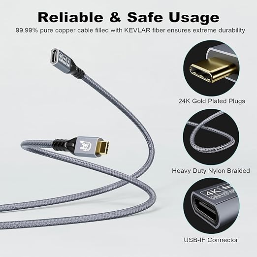 20Gbps USB C 3.2 Extension Cable, USBC 3.2 Gen2 Type-c Male to Female Extender Cable Ultra HD 4K@60Hz 240W Charging 20Gbps Data Transfer Compatible with External SSD eGPU (Extension 20G 240W-0.25M)