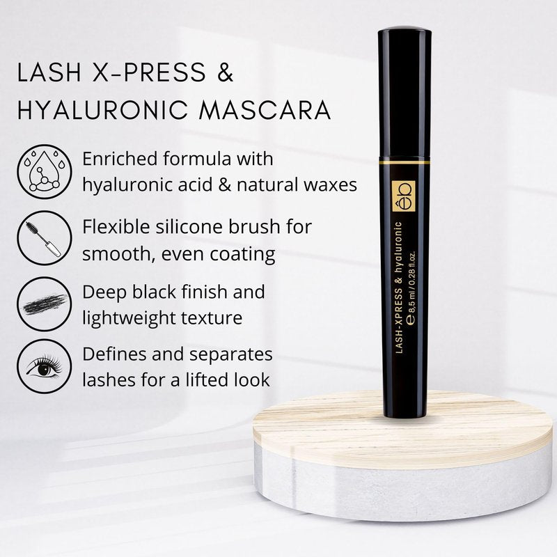 êb être belle Cosmetics Lash X-Press & Hyaluronic Mascara for Women, Conditioning Mascara with Hyaluronic Acid, Beeswax & Rice Bran Wax, Flexible Silicone Brush, Quick Dry Rimel Formula