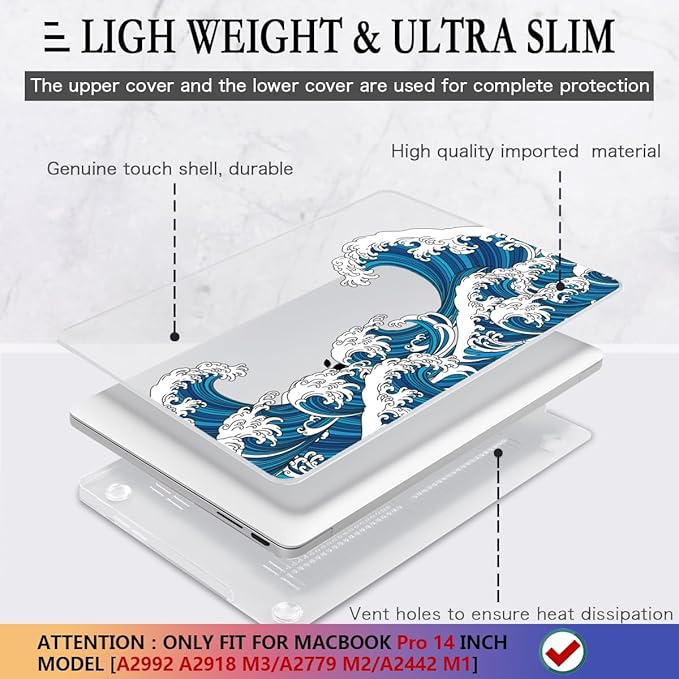 CISSOOK Ocean Case for MacBook Pro 14 inch 2021 2022 2023 2024 2025 2026 Release Model M1 M2 M3 M4 M5 Pro/Max Chip, Wave Hard Shell for Pro 14-inch with Touch ID