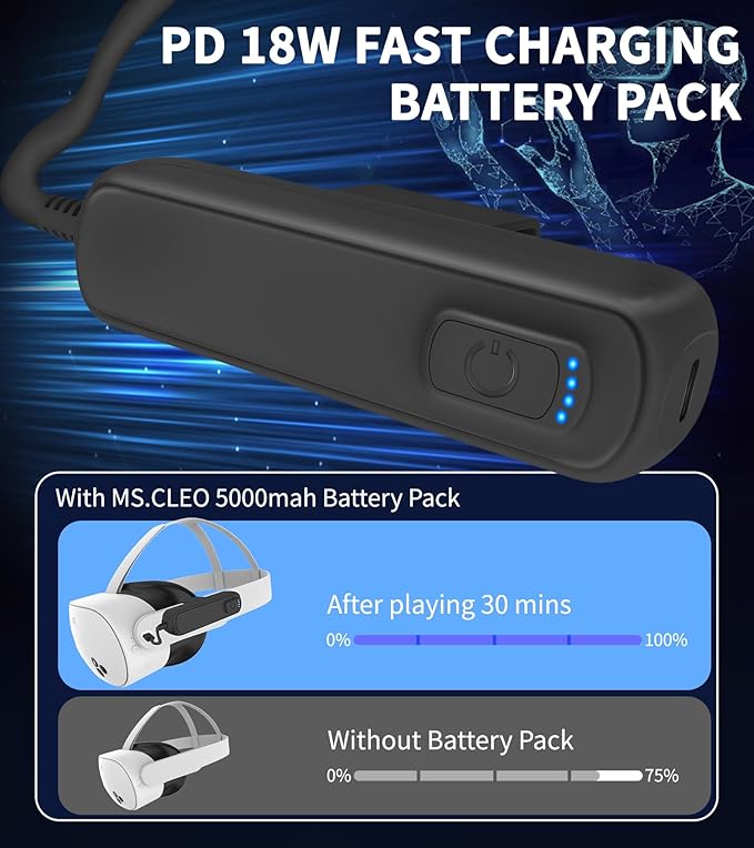 YRXVW Battery Pack for Meta/Oculus Quest 3S/3/2,5000mAh Battery VR Charger, Extend 2-4 Hours Playtime, Lightweight Fast Charging VR Headset Safe Power Bank for Meta Quest 3S/3/2 Accessories