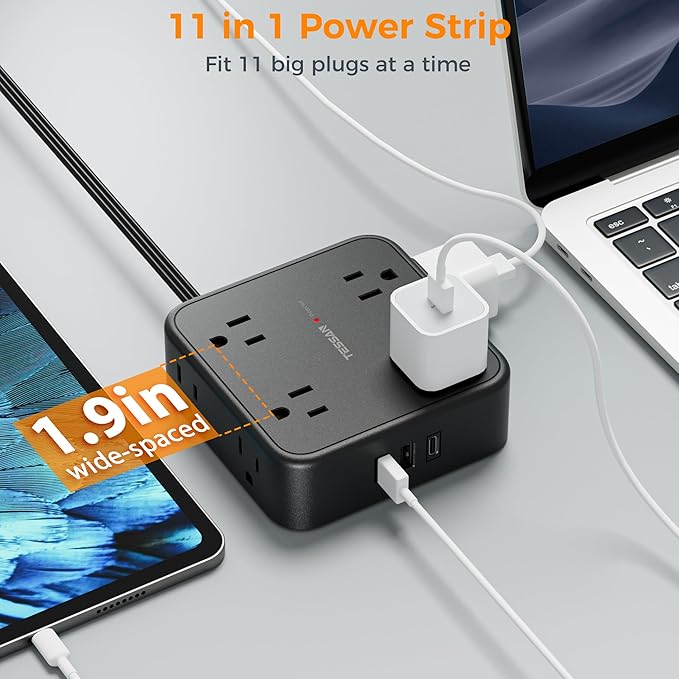 TESSAN Surge Protector Power Strip, 10 Ft Flat Plug Extension Cord with 3 USB (1 USB C) 8 Outlets, 1250W, 900J Protection, 3 Sided Outlet Extender with Power Switch for Office, Dorm Room, Black