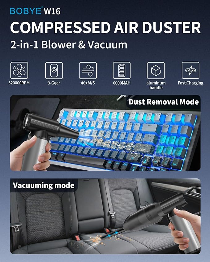 BOBYE Compressed Air Duster, 2-in-1 Blower & Vacuum, 180000RPM Cordless Air Duster with Fast Charging, 3-Gear Adjustable Mini Blower for Keyboard, PC, Car, and Home Cleaning