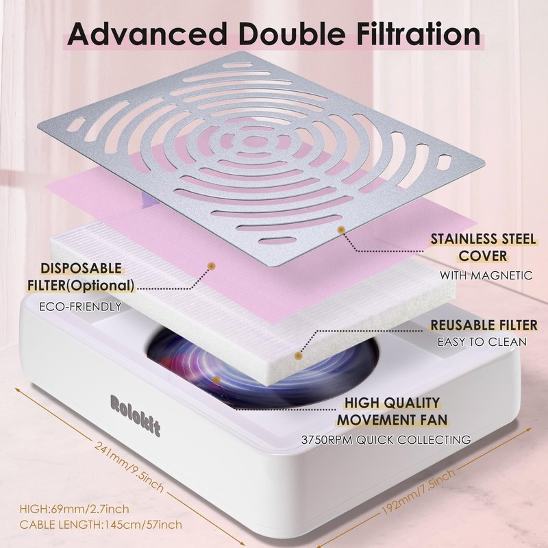 Nail Dust Collector with Lamp&50pcs Disposable Filter&Dusting Brush, Electric Nail Vacuum Cleaner Dust Fan Suction Machine for Manicure Acrylic Gel Nails Polishing, Low Noise,Salon Home