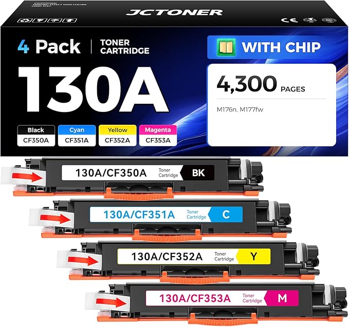 130A Toner Cartridge Set 4-Pack High Yield Replacement for HP 130A CF350A CF351A CF352A CF353A Compatible with HP Color LaserJet Pro MFP M176n M177fw Printer Ink M176 M177 (Black Cyan Yellow Magenta）