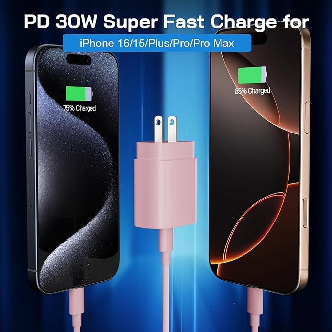 30W USB C i Phone 17 16 15 Charger Fast Charging, 2PACK Wall Charger for iPhone 16 15 Pro Max Charger Cord 10FT Fast Type C Block for iPhone 17 Pro Max/17 Air/16/15 Plus/15 Pro Max,i Pad Pro, Pink