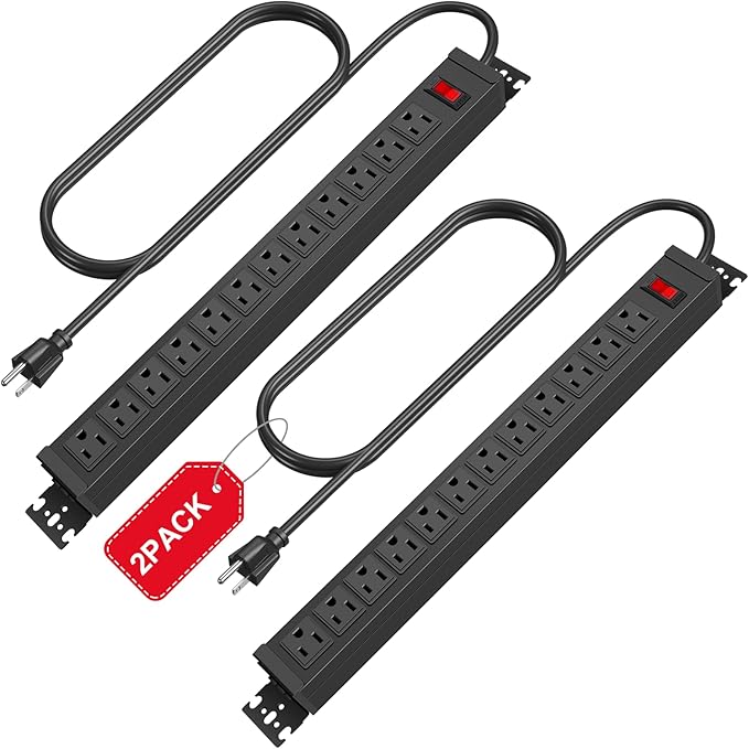 HHSOET 2 Pack Rotating Mountable Power Strip, 12 Outlet Wall Mount Surge Protector,1200J, Metal Heavy Duty and Versatile Outlet Strip, Stylish Appearance, Sturdy and Durable, 6ft Power Cord.(Black)