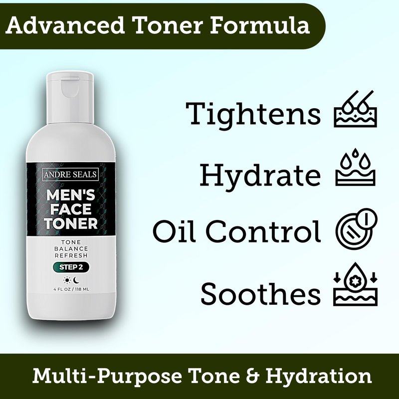 Andre Seals Face Toner for Men | Organic Witch Hazel, Hyaluronic Acid & Green Tea | Pore Minimizer, Hydration, Astringent, Face Tightener, Hydrating Toner, Oil Control, | Facial Toner & Men Skin Care